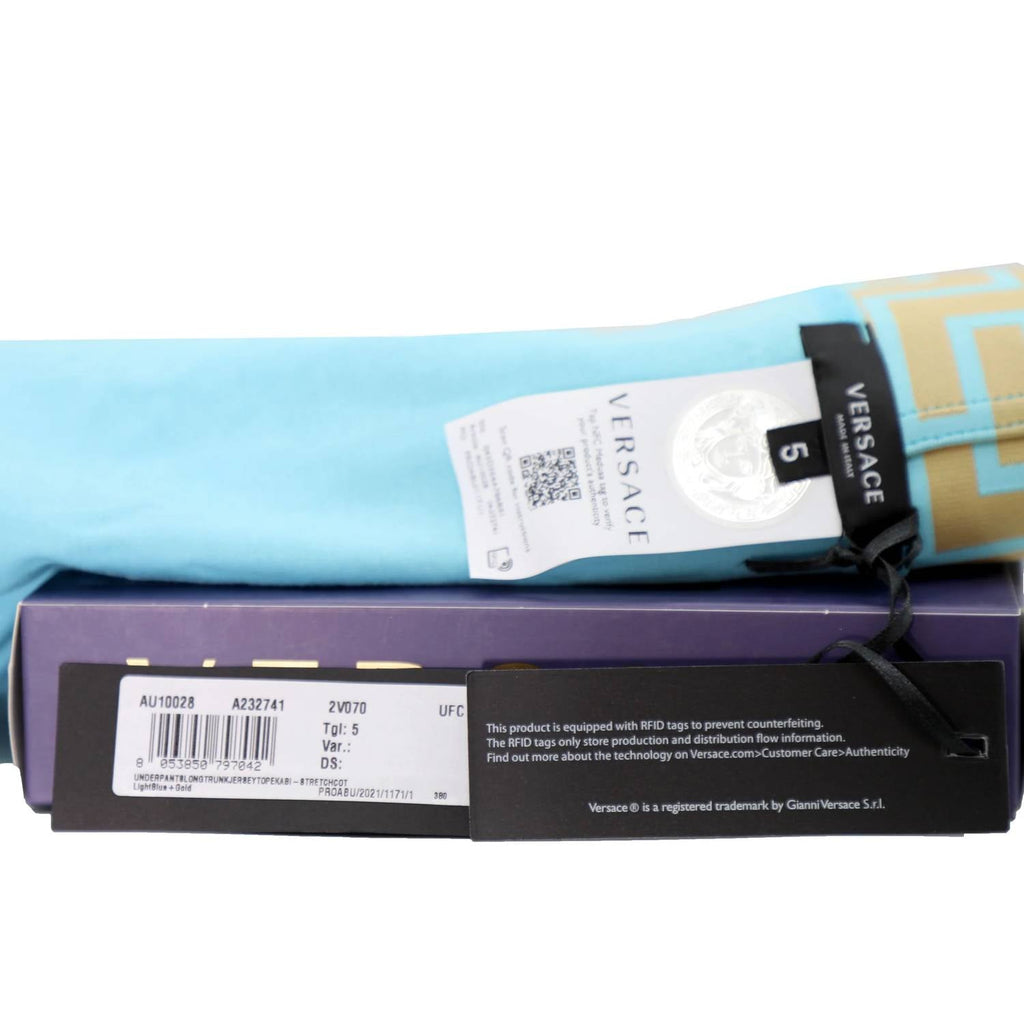 Men's Long Trunk With Greca Border In Light Blue/gold