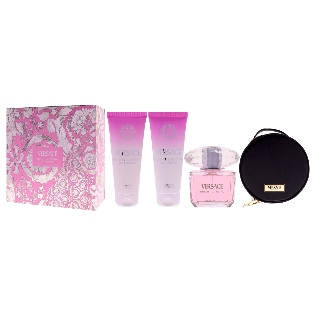Versace Bright Crystal by Versace for Women - 4 Pc Gift Set 3oz EDT Spray, 3.4oz Body Lotion, 3.4oz Shower Gel, Round Make Up Case