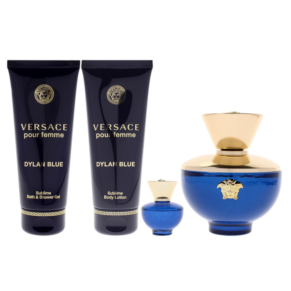 Dylan Blue by Versace for Women - 4 Pc Gift Set 3.4oz EDP Spray, 0.17oz EDP Splash (Mini), 3.4oz Body Lotion, 3.4oz Bath and Shower Gel