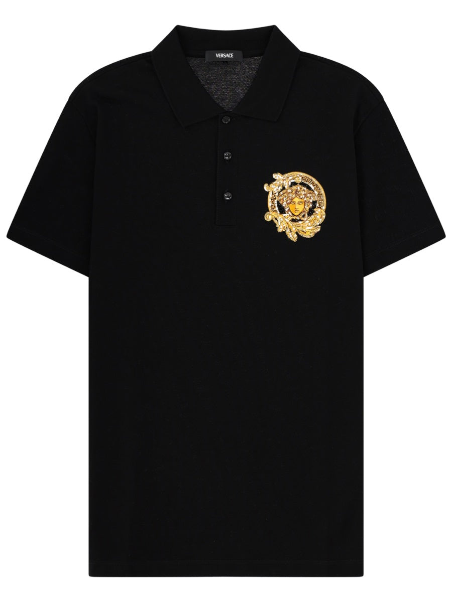 Short-Sleeve Gold Emblem Cotton Polo Shirt
