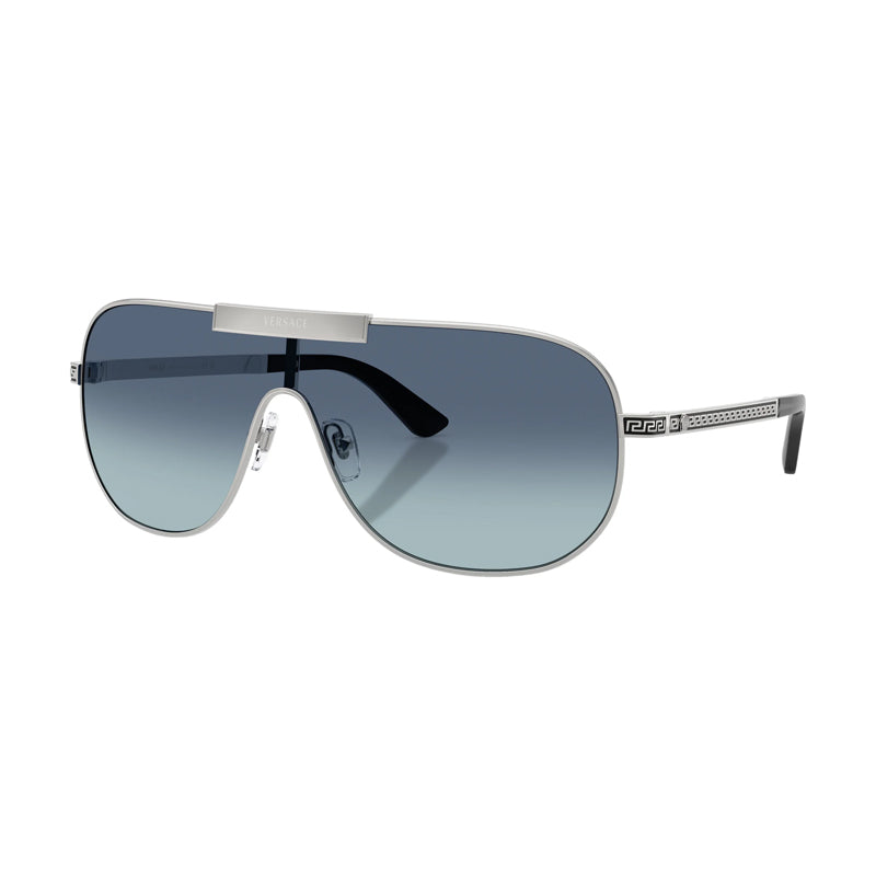 Versace Sunglasses Shield Full Rim, Silver Frame And Light Blue Gradient Dark Blue Lens Ve2293100019