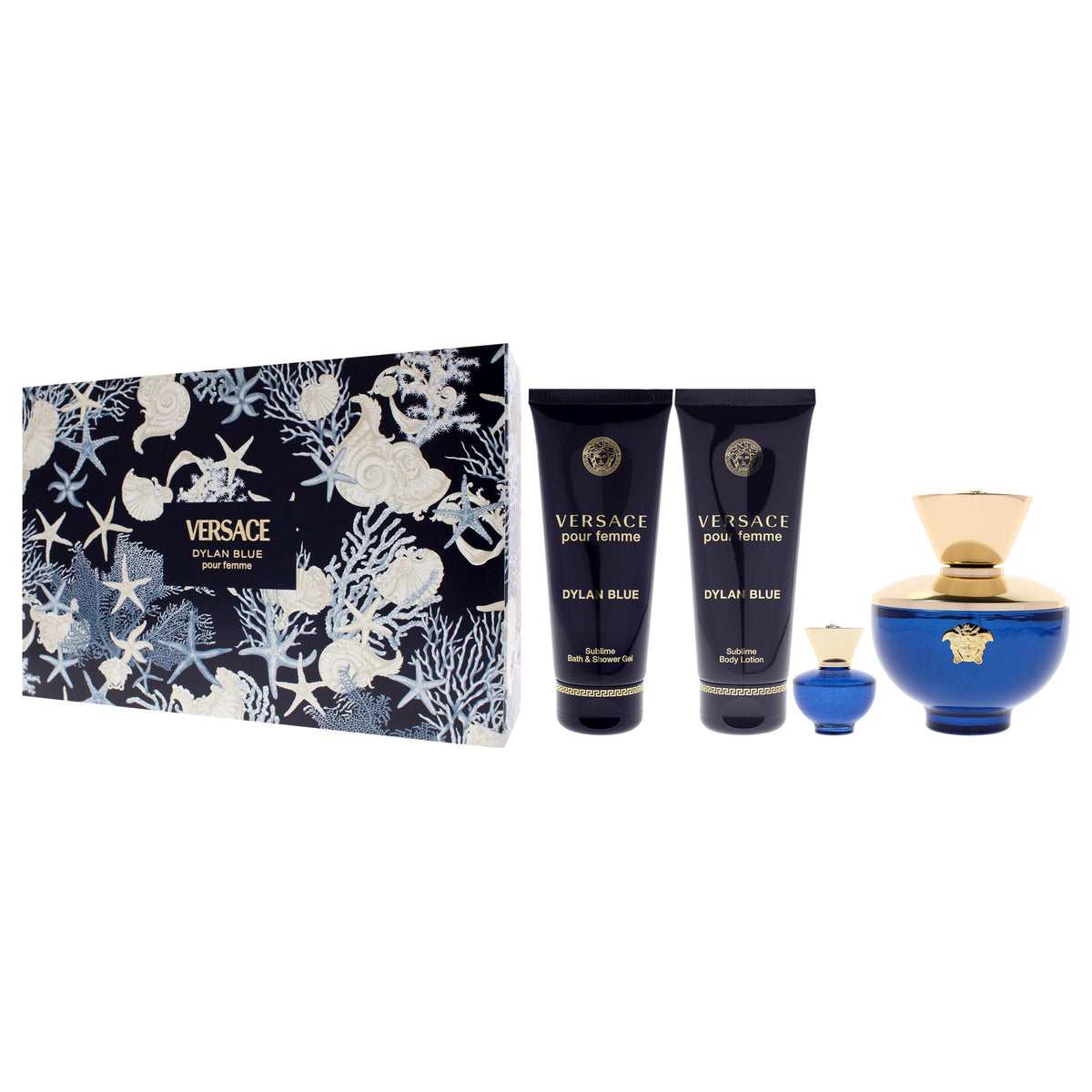 Dylan Blue by Versace for Women - 4 Pc Gift Set 3.4oz EDP Spray, 0.17oz EDP Splash (Mini), 3.4oz Body Lotion, 3.4oz Bath and Shower Gel