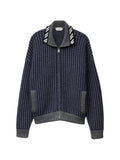 Waffle Knit Zip Cardigan with Geometric Intarsia Motif