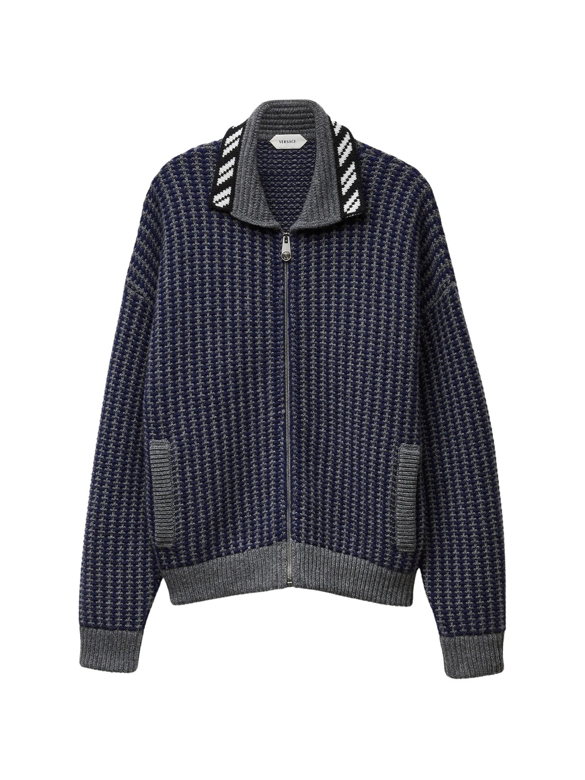 Waffle Knit Zip Cardigan with Geometric Intarsia Motif