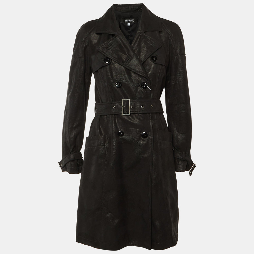 Versace Black Patterned Cotton Trench Coat