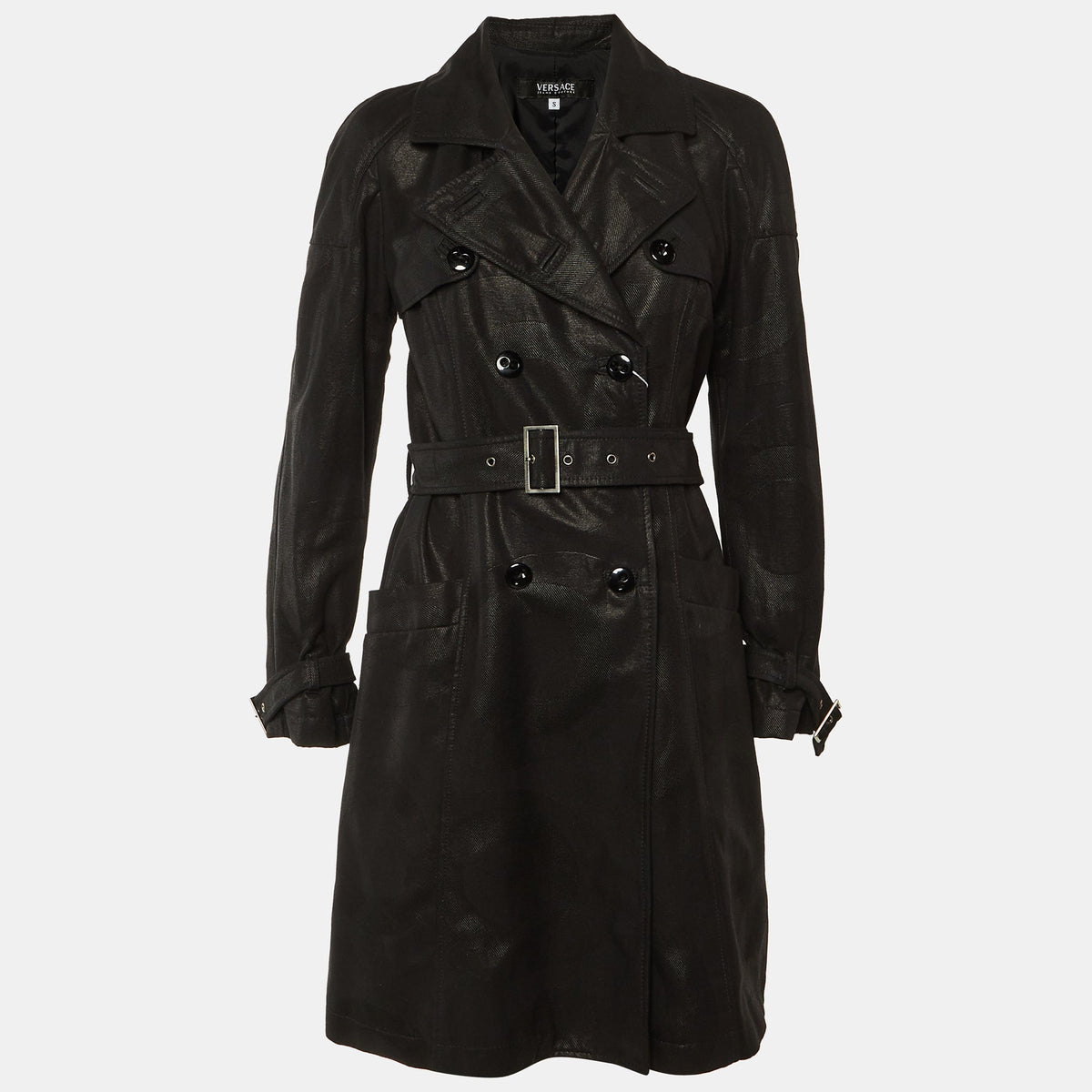 Versace Black Patterned Cotton Trench Coat