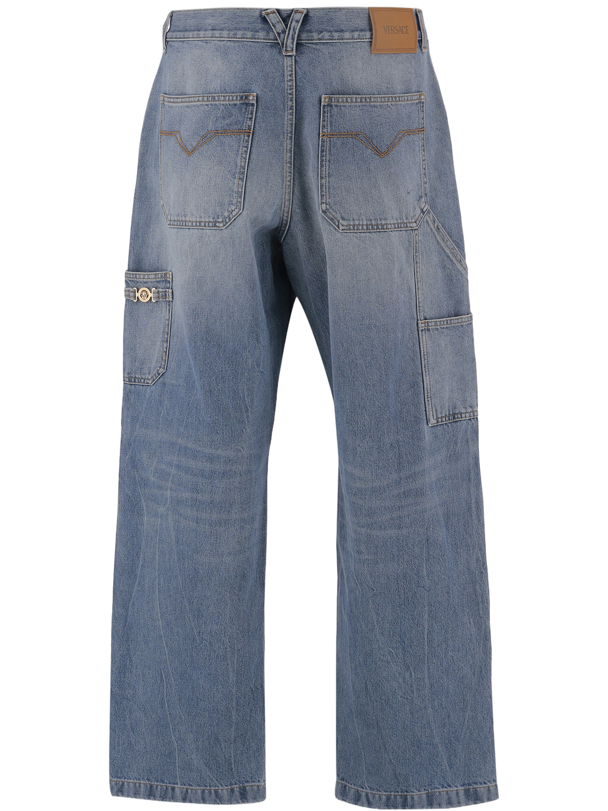 Washed Blue Denim Jeans with Multi-Pocket Design