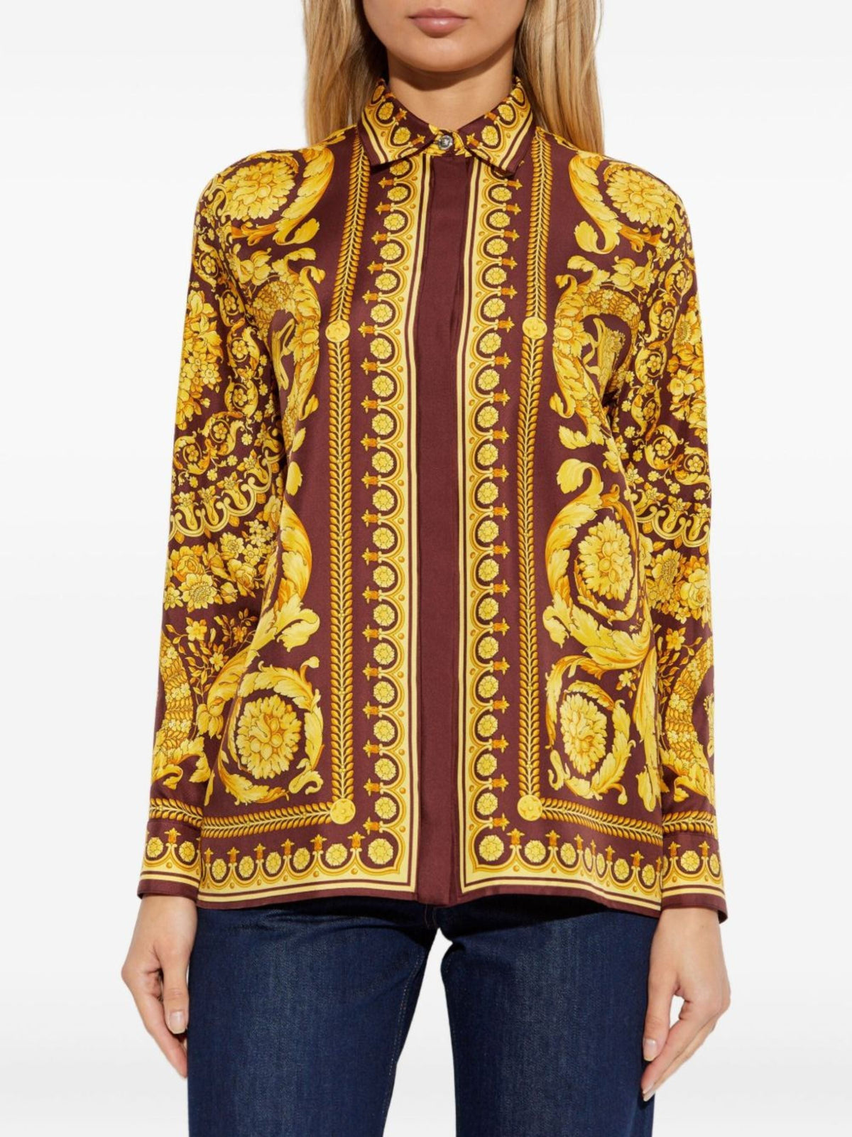 Brown Baroque Print Silk Shirt