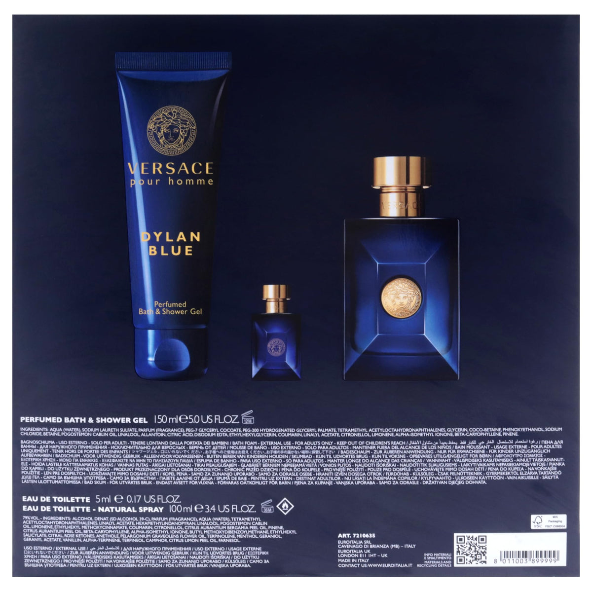 Dylan Blue by Versace for Men - 3 Pc Gift Set 3.4oz EDT Spray, 0.17oz EDT Splash (Mini), 5oz Bath and Shower Gel