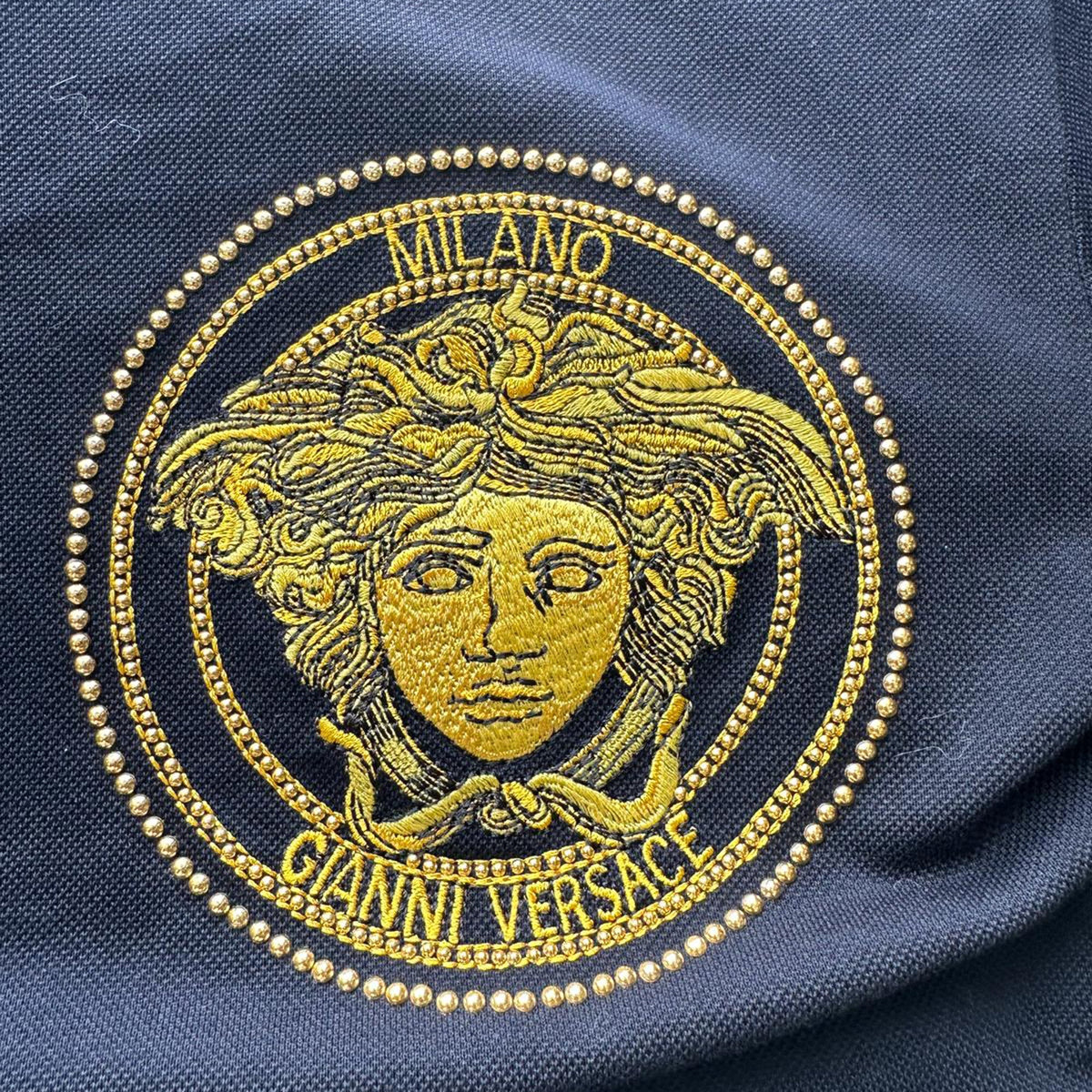Versace Medusa Embroidered Polo Shirt in Navy Blue Cotton
