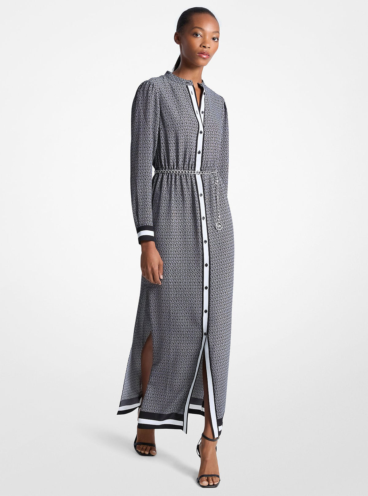 Logo Print Satin Belted Maxi Dress