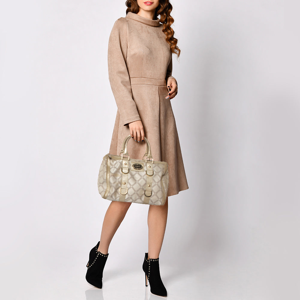 Versace Metallic Gold/cream Signature Canvas And Leather Snap Out Of It Satchel