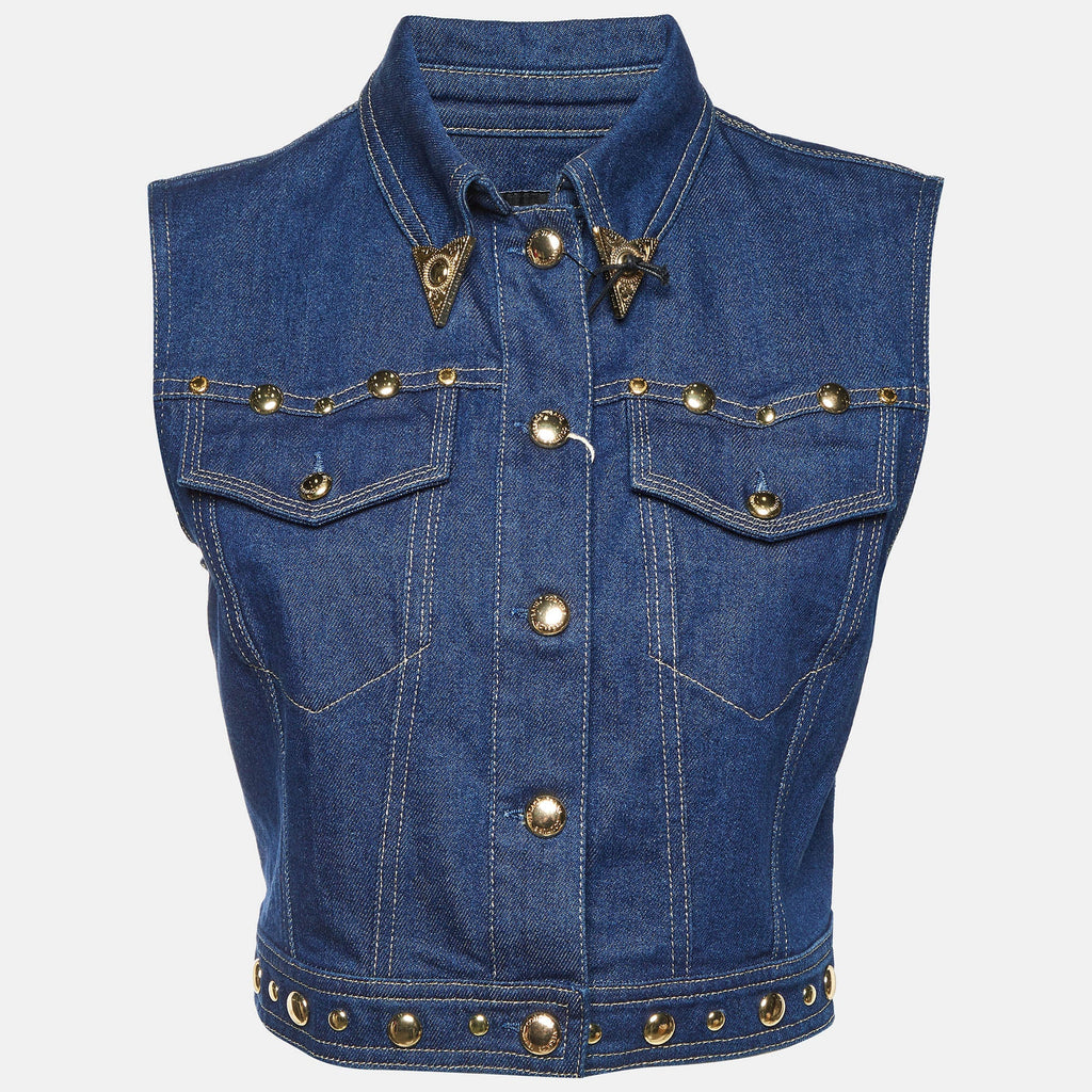 Versace Jeans Couture Blue Denim Studded Cropped Vest