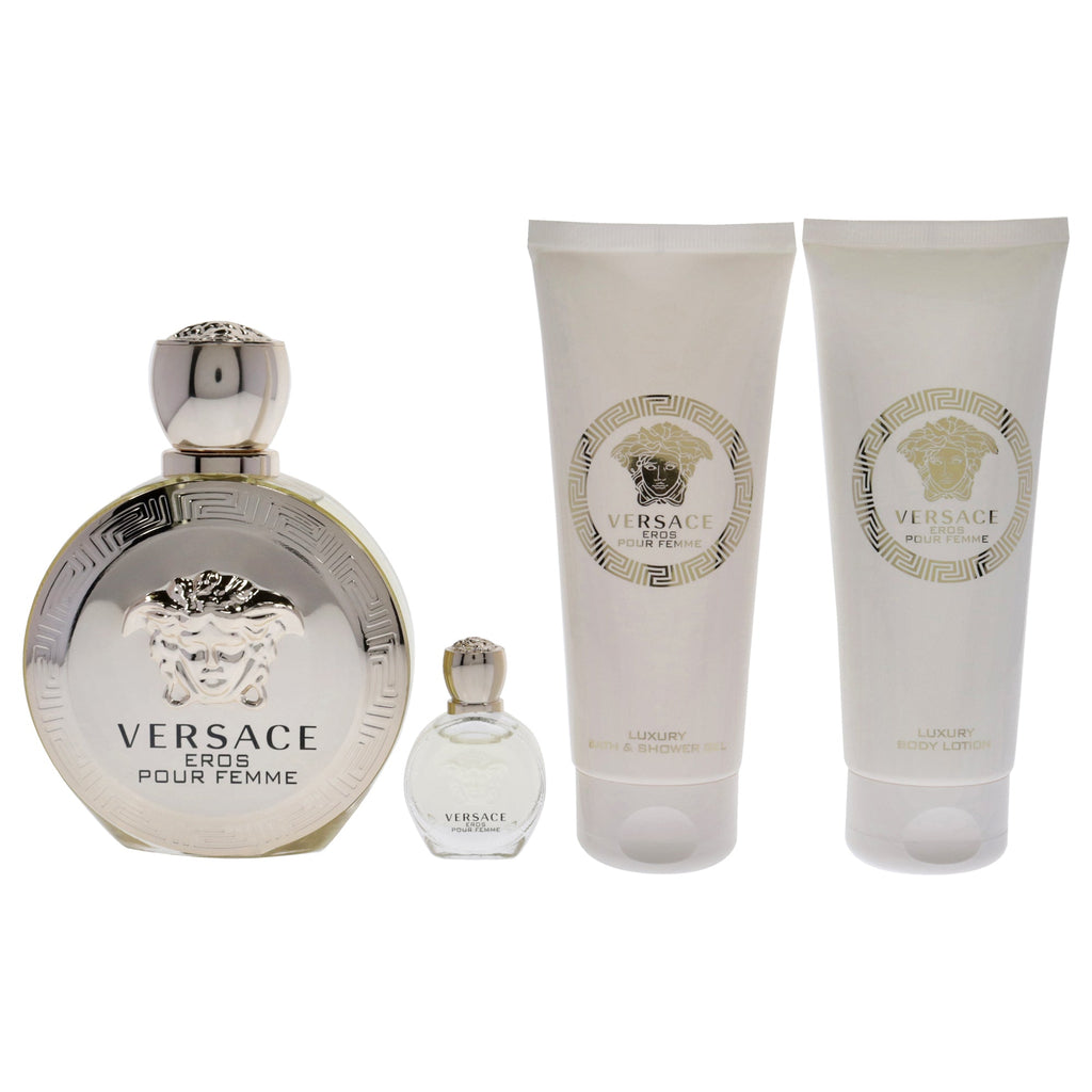 Versace Eros by Versace for Women - 4 Pc Gift Set 3.4oz EDP Spray, 3.4oz Body Lotion, 3.4oz Bath and Shower Gel, 0.17oz EDP Rollerball Mini