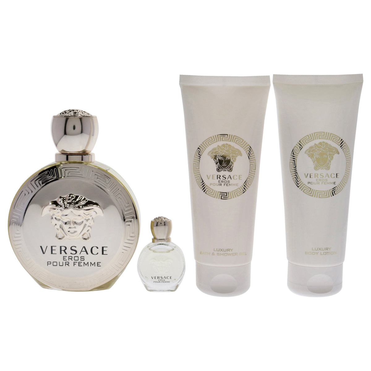 Versace Eros by Versace for Women - 4 Pc Gift Set 3.4oz EDP Spray, 3.4oz Body Lotion, 3.4oz Bath and Shower Gel, 0.17oz EDP Rollerball Mini