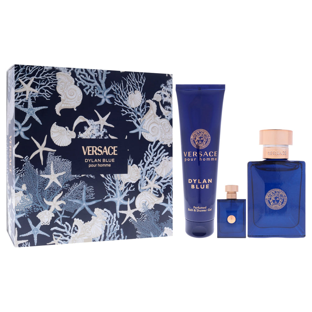Dylan Blue by Versace for Men - 3 Pc Gift Set 3.4oz EDT Spray, 0.17oz EDT Splash (Mini), 5oz Bath and Shower Gel