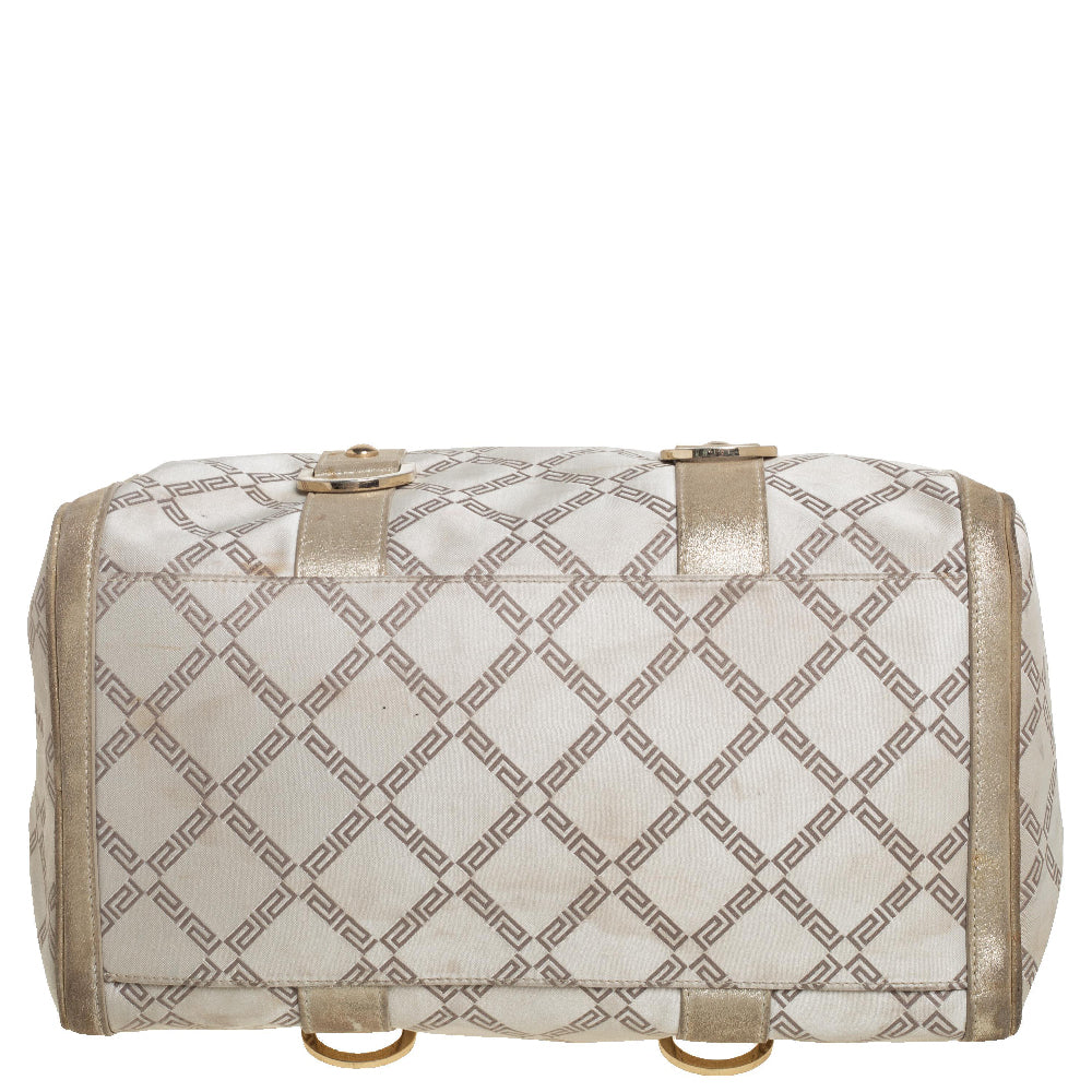 Versace Metallic Gold/cream Signature Canvas And Leather Snap Out Of It Satchel