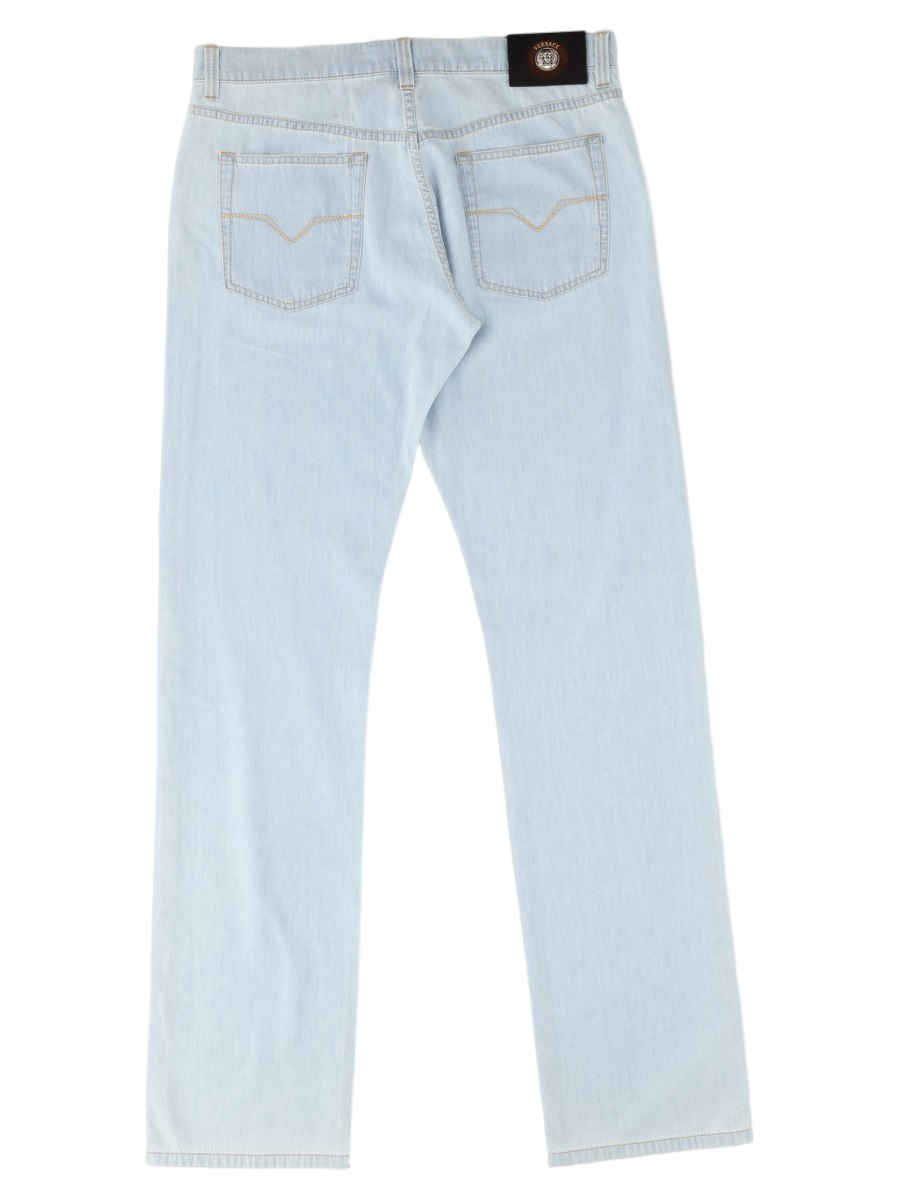 Light Wash Denim Jeans with Calf Leather Trim