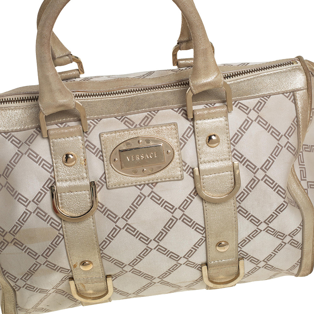 Versace Metallic Gold/cream Signature Canvas And Leather Snap Out Of It Satchel
