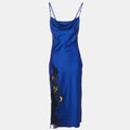 Versace Blue Barocco Lace Satin Silk Cowl Neck Slip Dress