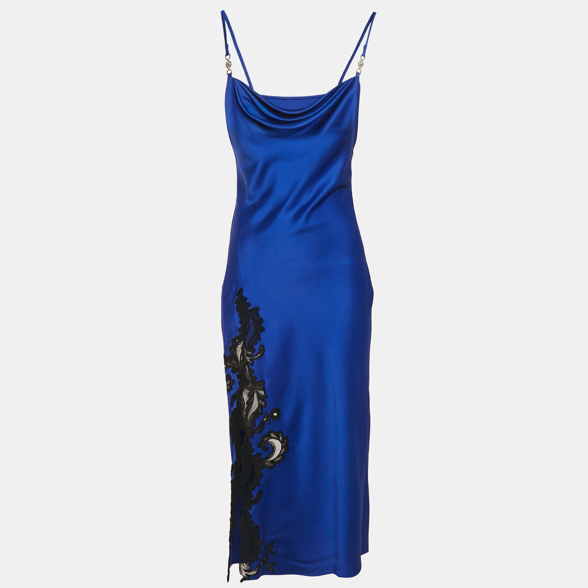 Versace Blue Barocco Lace Satin Silk Cowl Neck Slip Dress