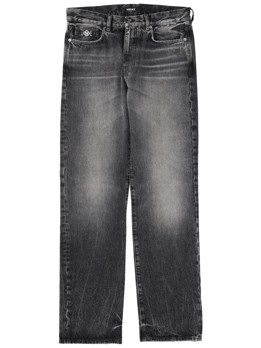 Medusa Detail Faded Black Jeans