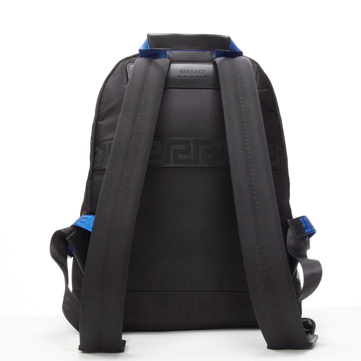 VERSACE Reflective Logo black nylon blue Greca nylon strap backpack
