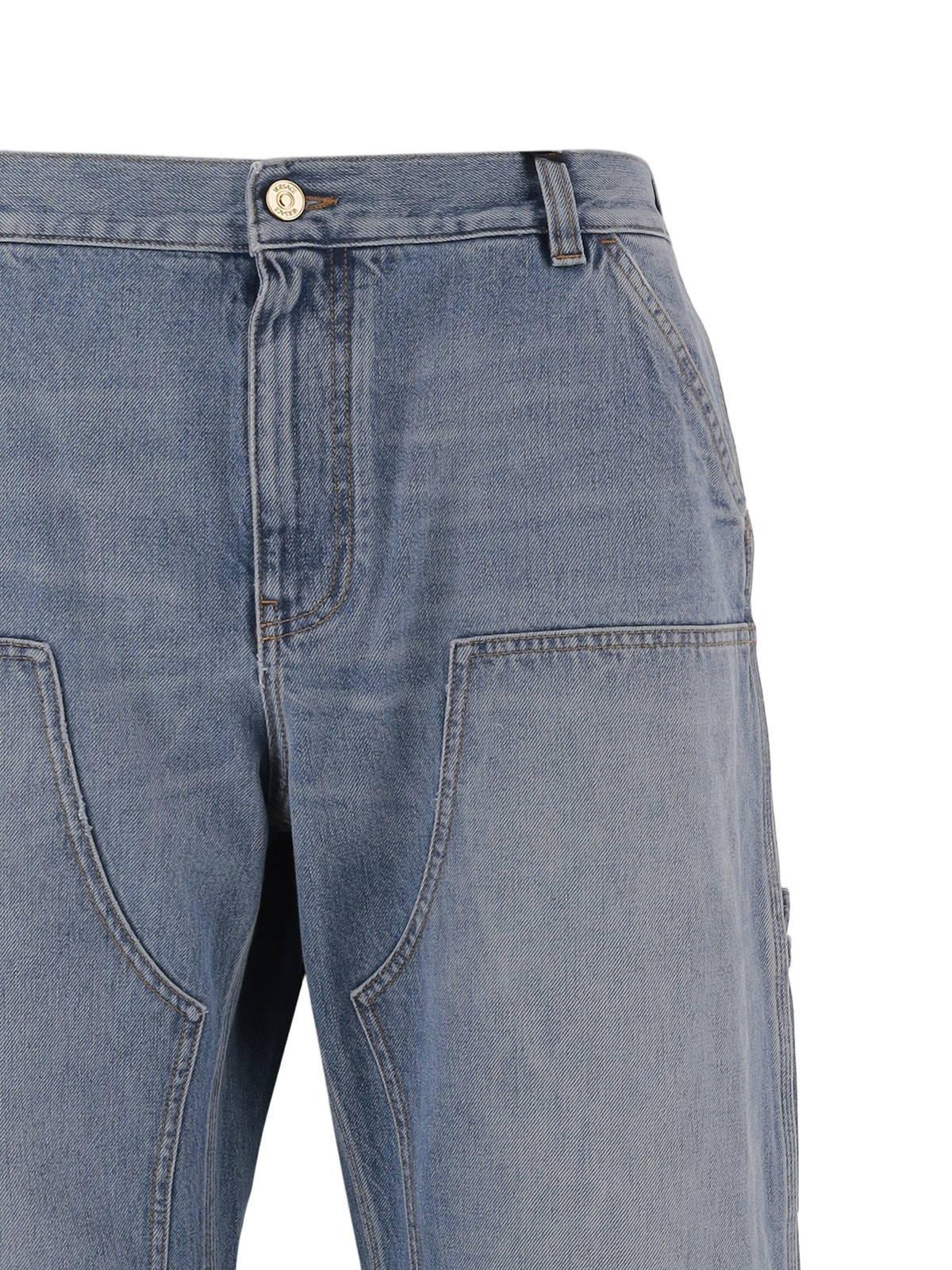 Washed Blue Denim Jeans with Multi-Pocket Design