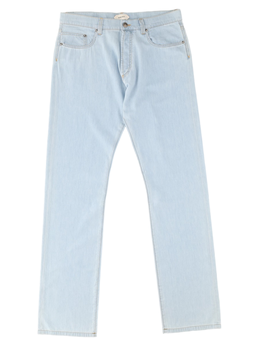 Light Wash Denim Jeans with Calf Leather Trim