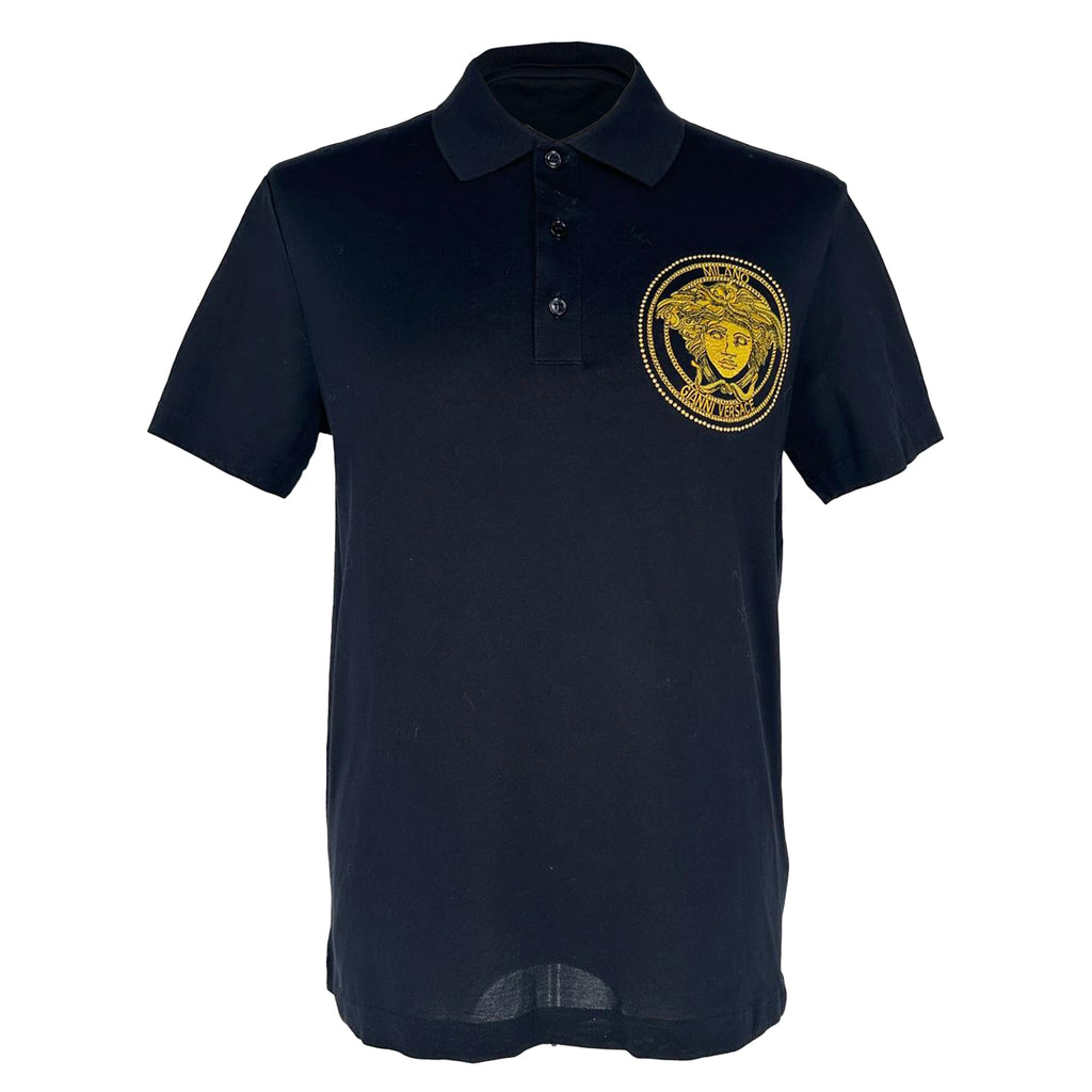 Versace Medusa Embroidered Polo Shirt in Navy Blue Cotton