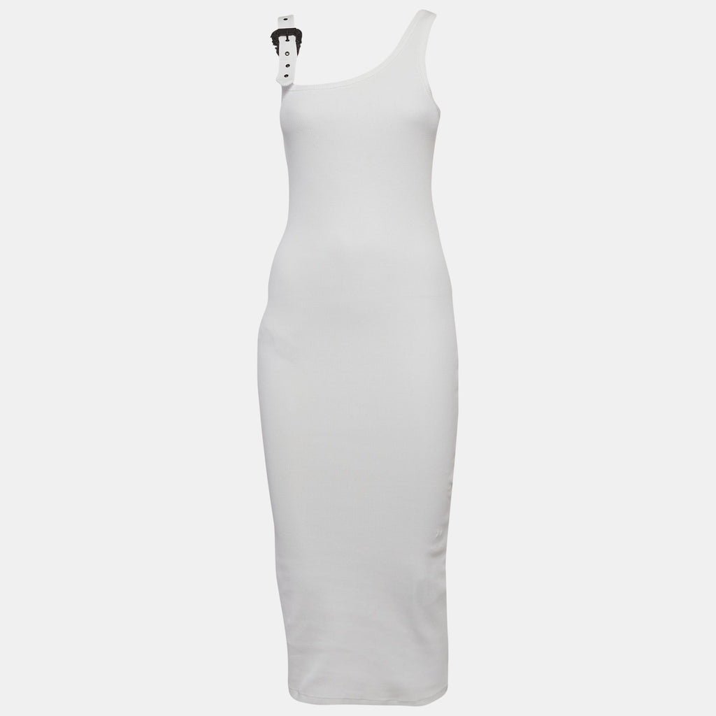 Versace Jeans Couture White Rib Knit Buckle Strap Midi Dress