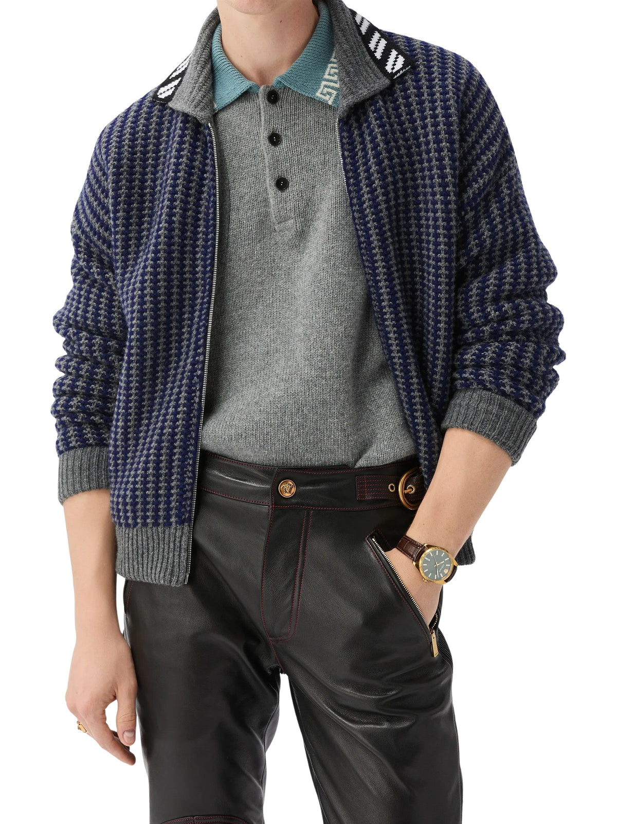 Waffle Knit Zip Cardigan with Geometric Intarsia Motif