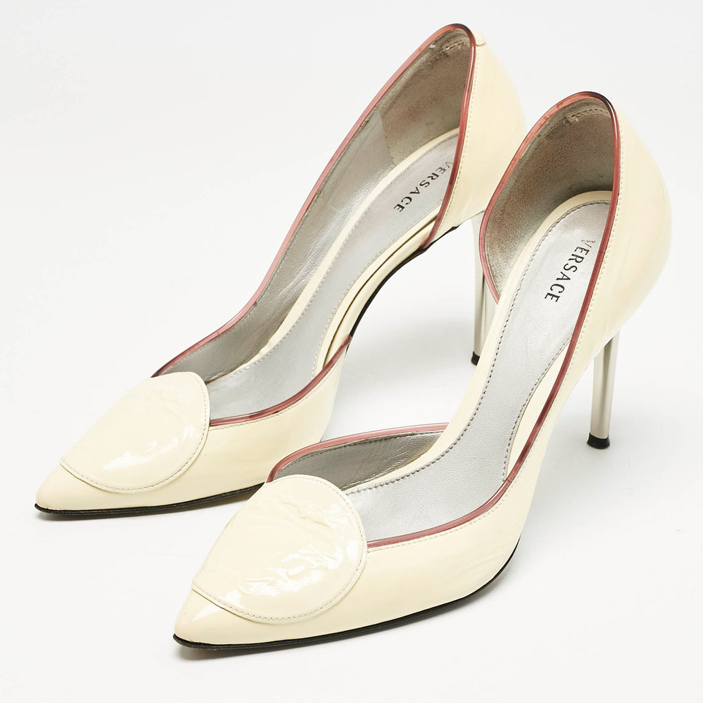 Versace Cream Patent Leather Medusa Pointed Toe D'orsay Pumps