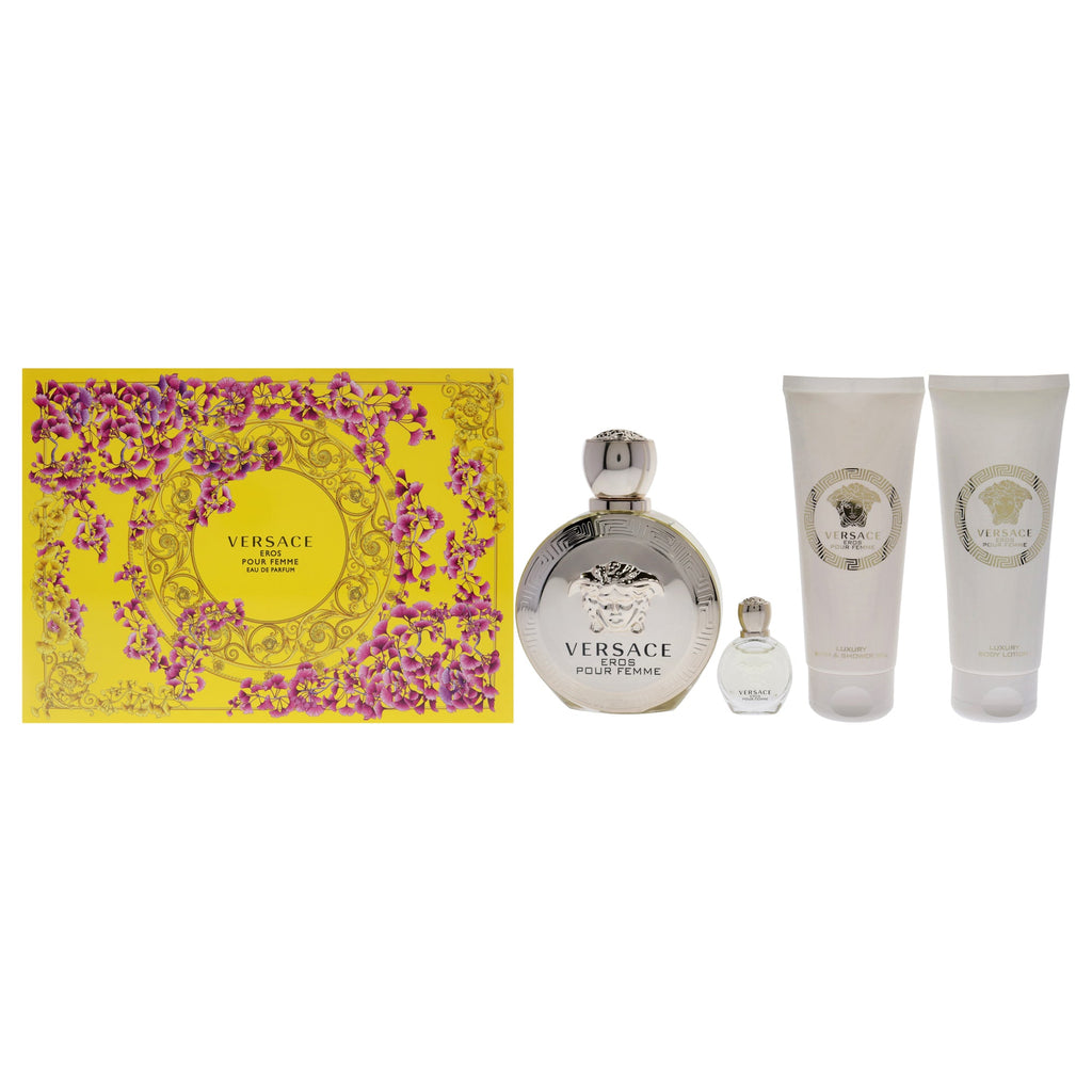 Versace Eros by Versace for Women - 4 Pc Gift Set 3.4oz EDP Spray, 3.4oz Body Lotion, 3.4oz Bath and Shower Gel, 0.17oz EDP Rollerball Mini