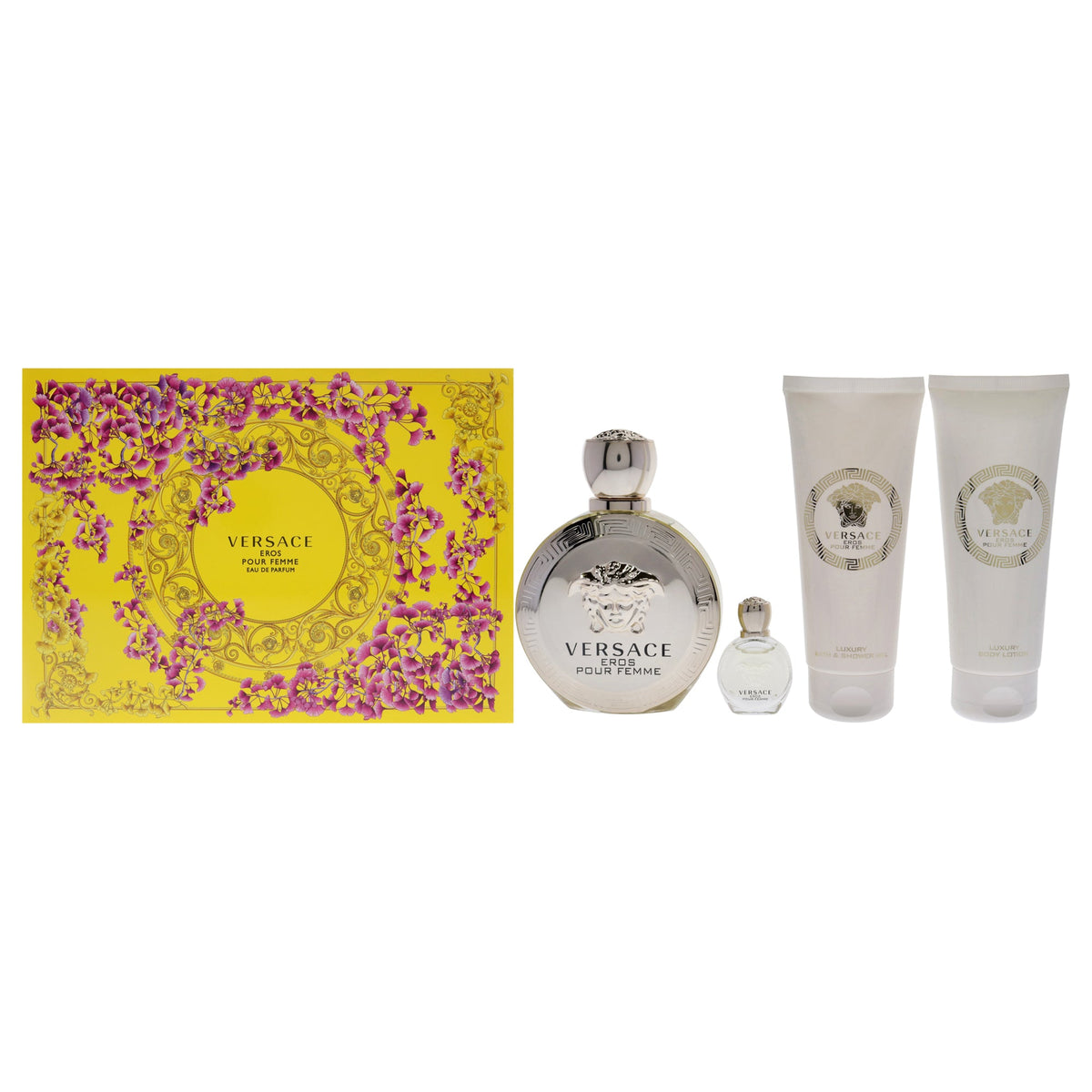 Versace Eros by Versace for Women - 4 Pc Gift Set 3.4oz EDP Spray, 3.4oz Body Lotion, 3.4oz Bath and Shower Gel, 0.17oz EDP Rollerball Mini