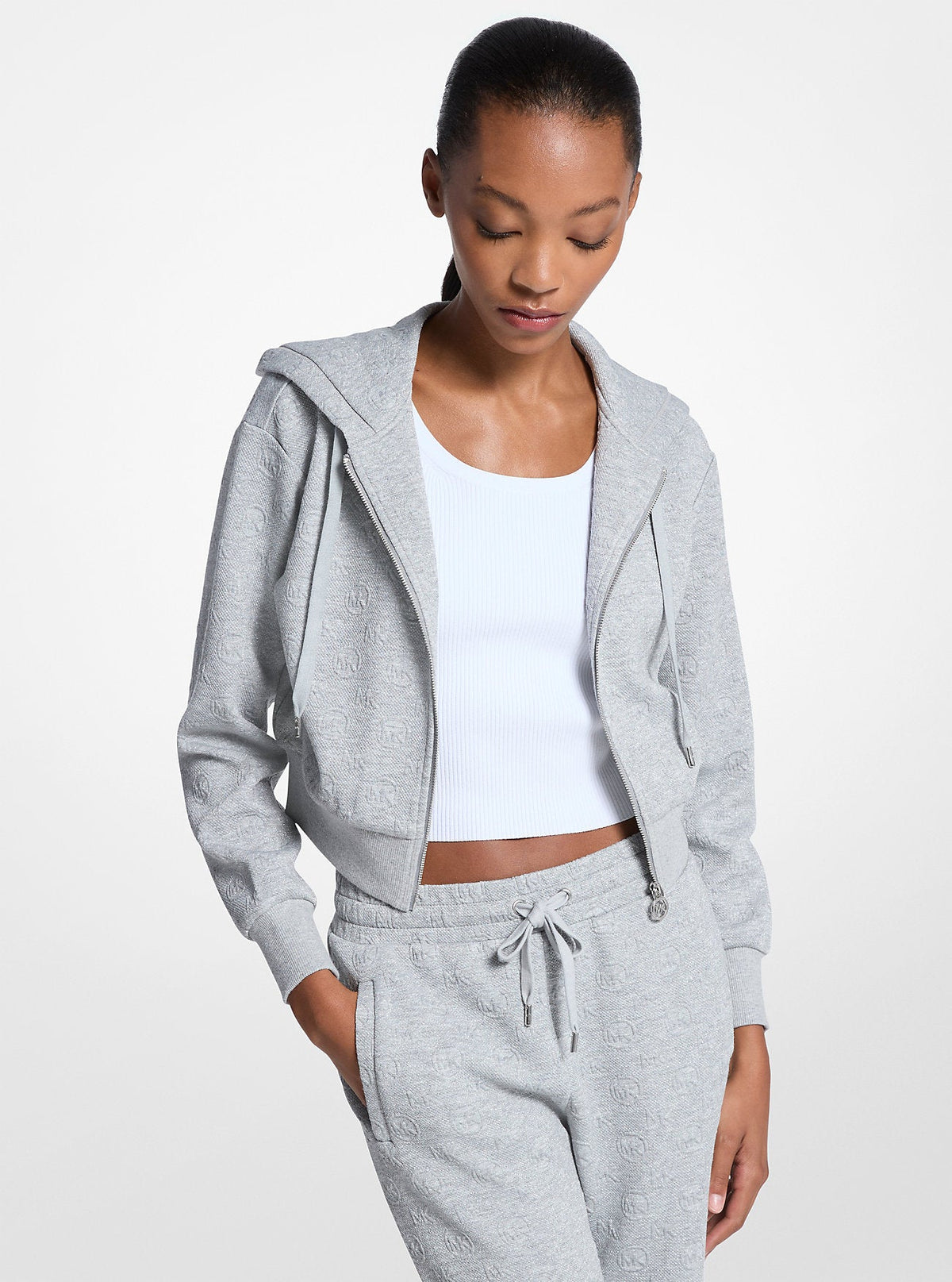 Logo Jacquard Cropped Zip-Up Hoodie