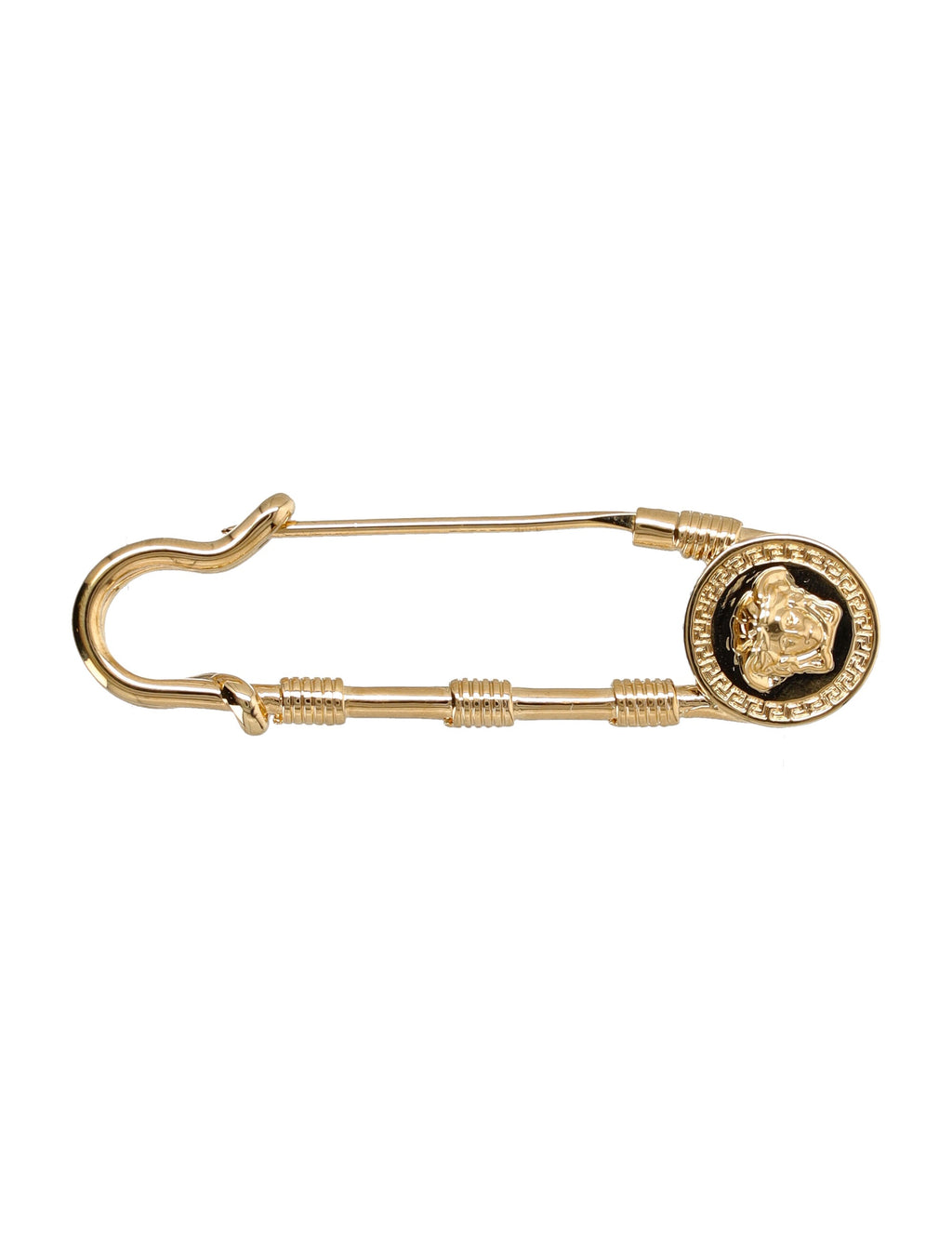 Elongated Safety Pin Brooch with Medusa Emblem