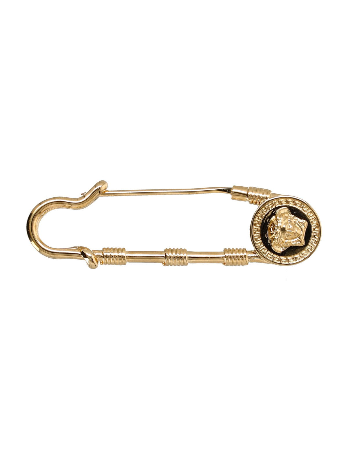 Elongated Safety Pin Brooch with Medusa Emblem