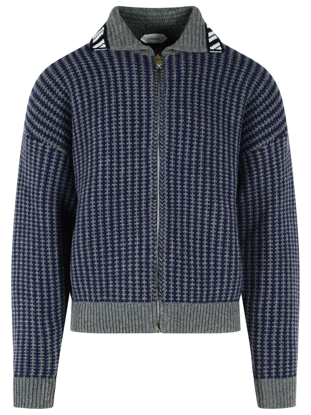 Blue Grey Shirt Collar Knit Zip-Through Knit