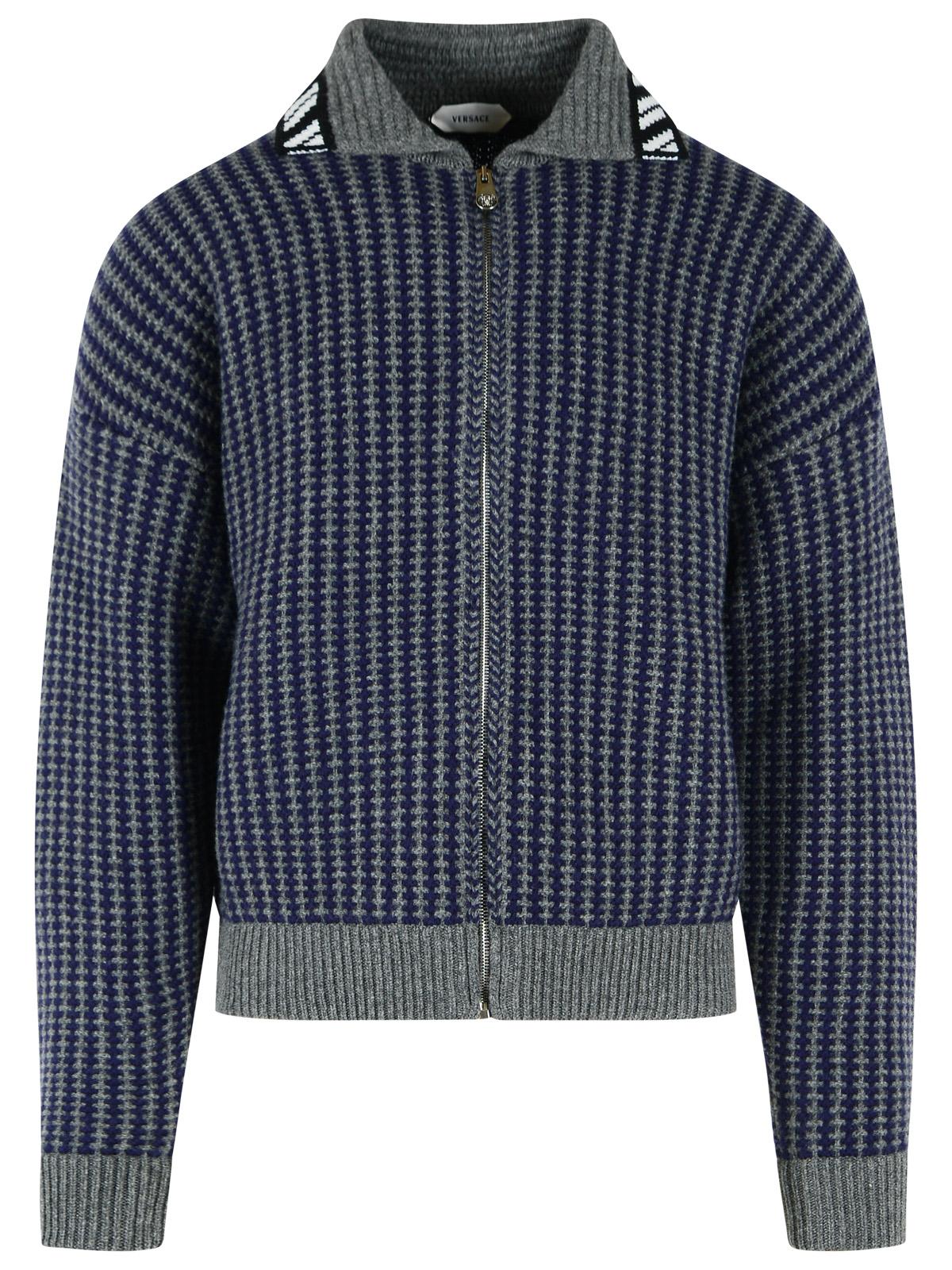 Blue Grey Shirt Collar Knit Zip-Through Knit