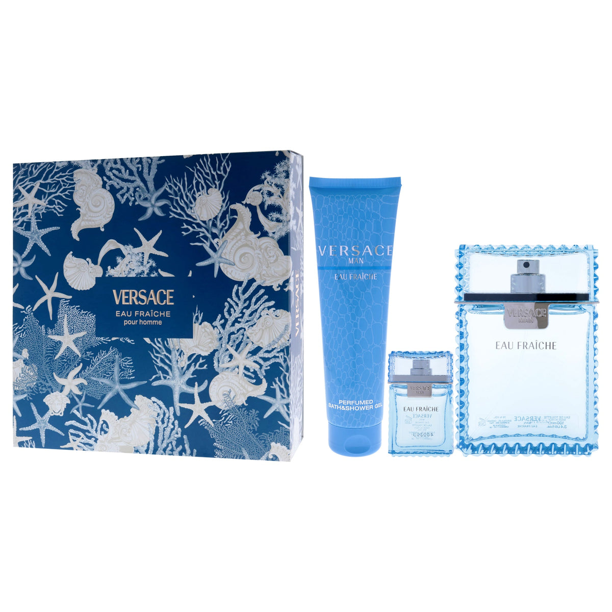 Versace Man Eau Fraiche by Versace for Men - 3 Pc Gift Set 3.4oz EDT Spray, 0.17oz EDT Spray (Mini), 5oz Bath and Shower Gel