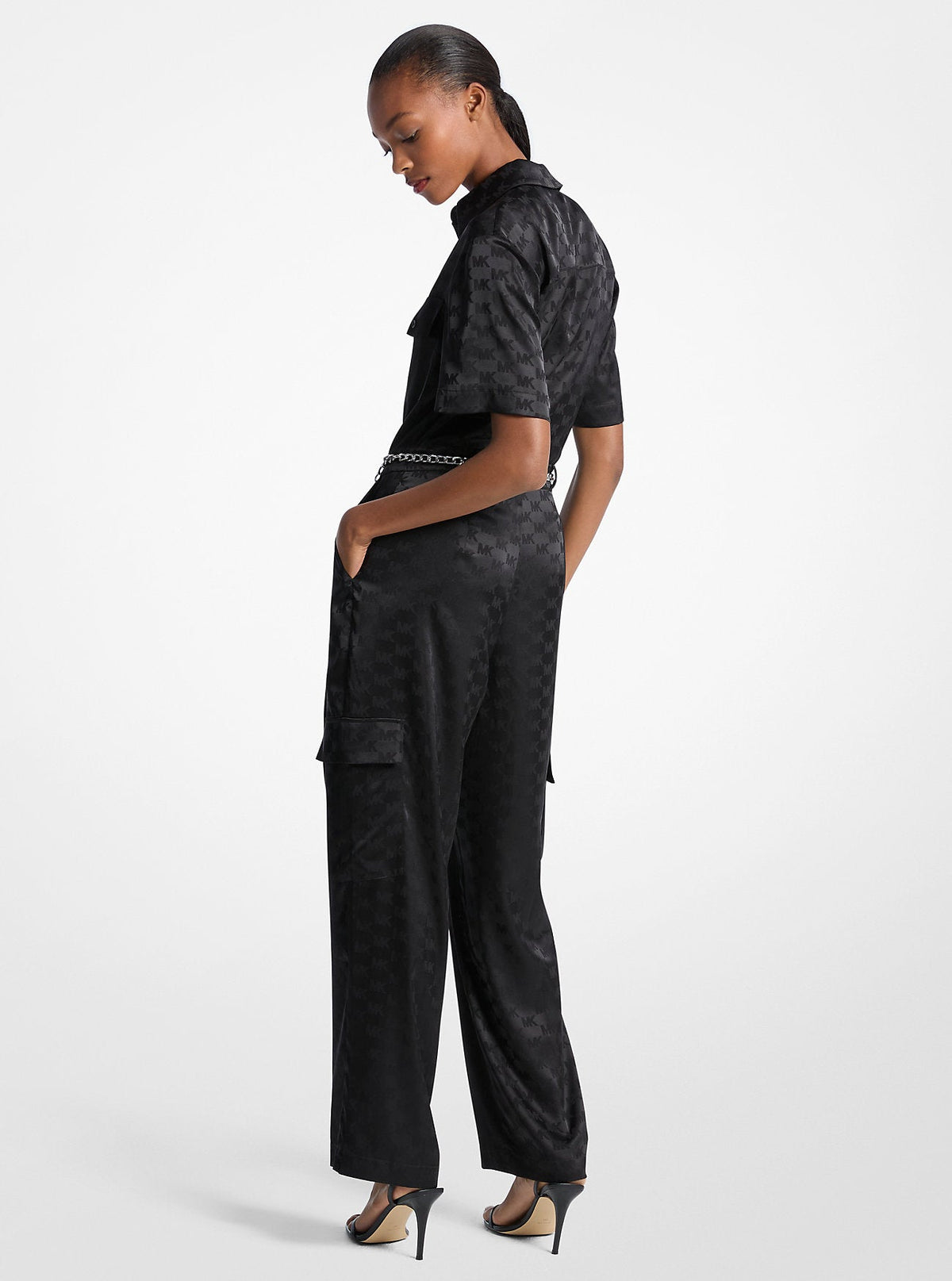 Logo Jacquard Satin Belted Jumpsuit