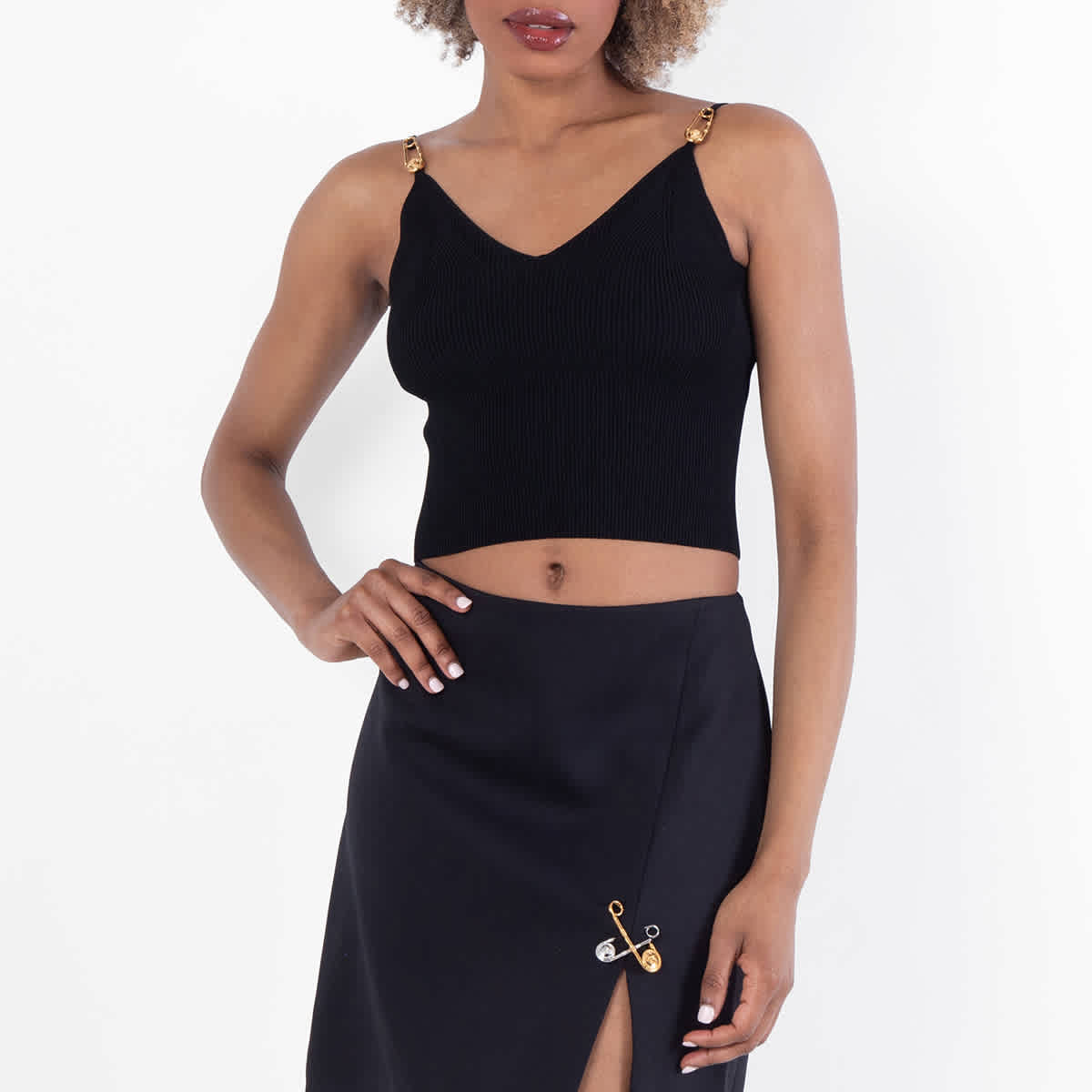 Versace Safety Pin Ribbed-Knit Crop Top