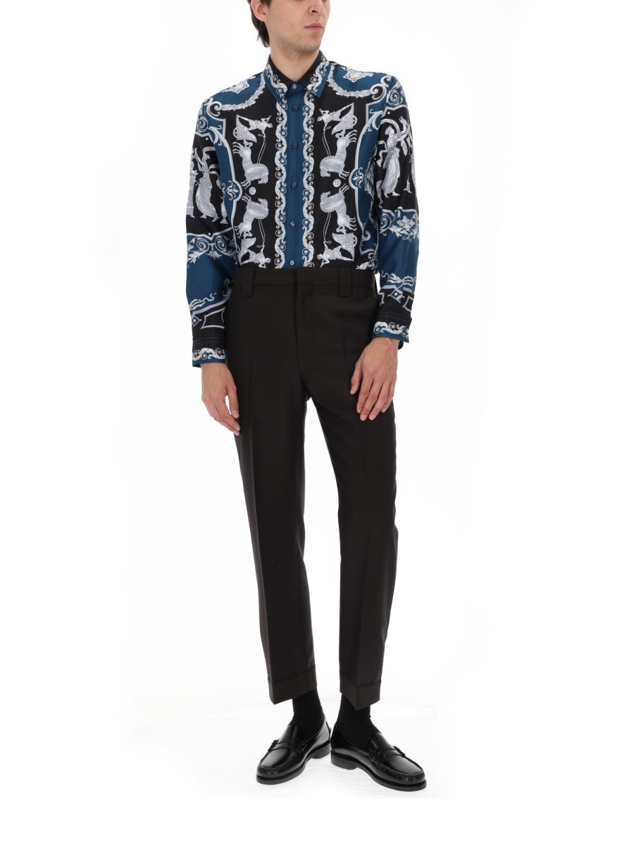 Deep Blue Baroque Motif Printed Silk Shirt