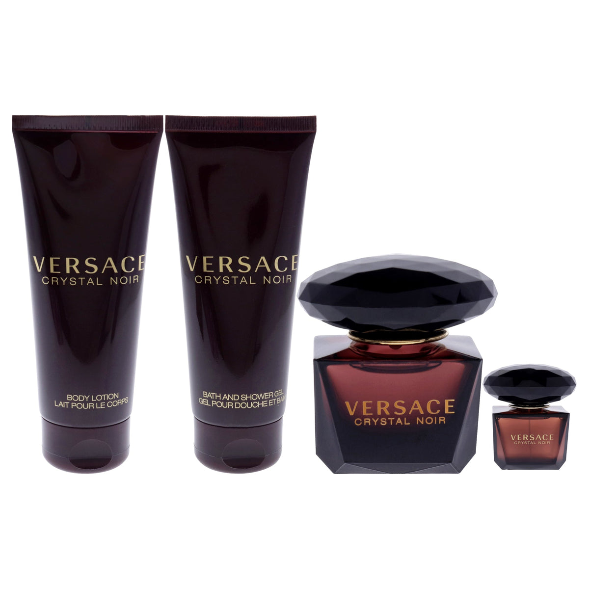Versace Crystal Noir by Versace for Women - 4 Pc Gift Set 3oz EDP Spray, 0.17oz EDP Spray, 3.4oz Body Lotion, 3.4oz Shower Gel