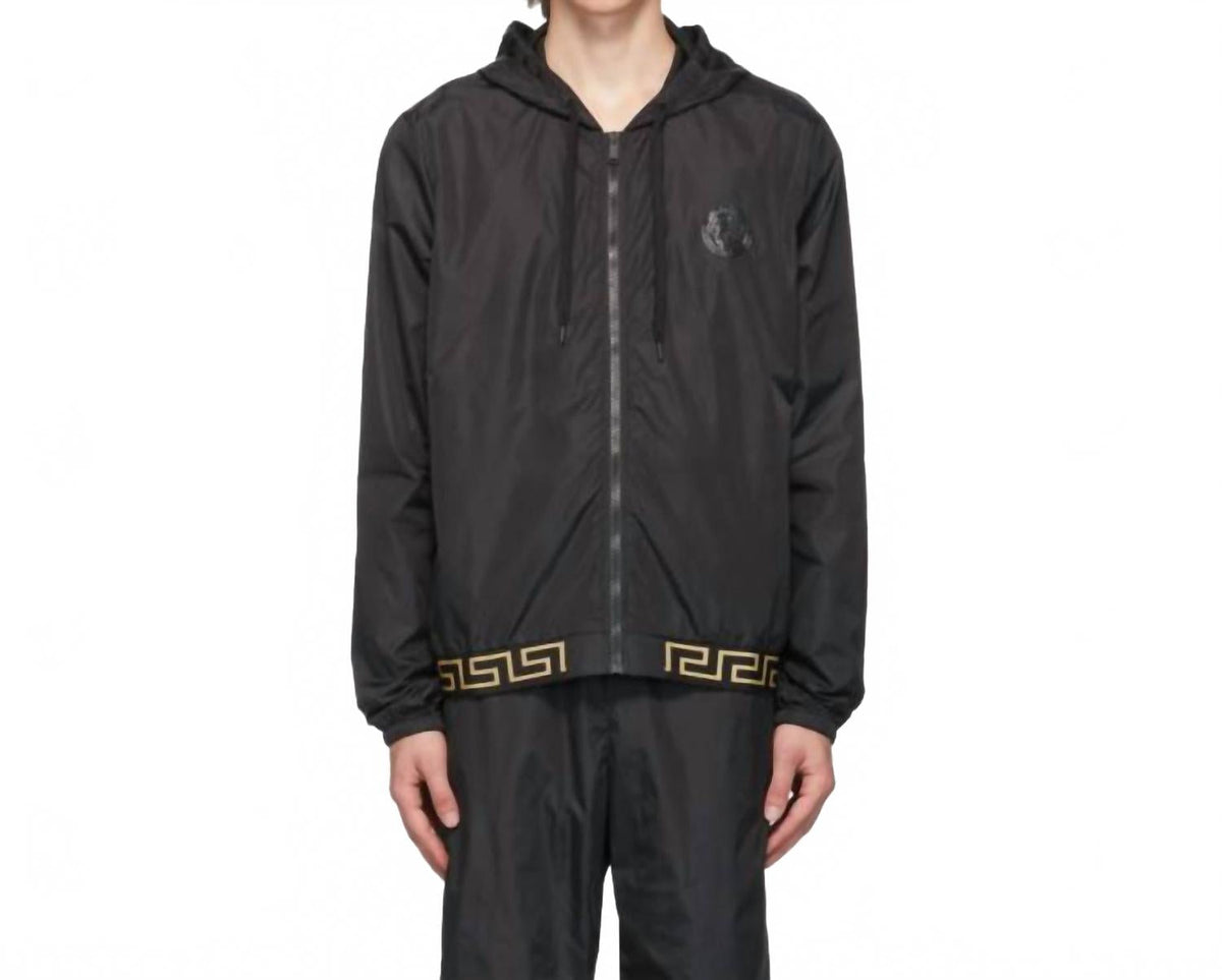 Men's Print Nylon Zip Up Jacket In Black