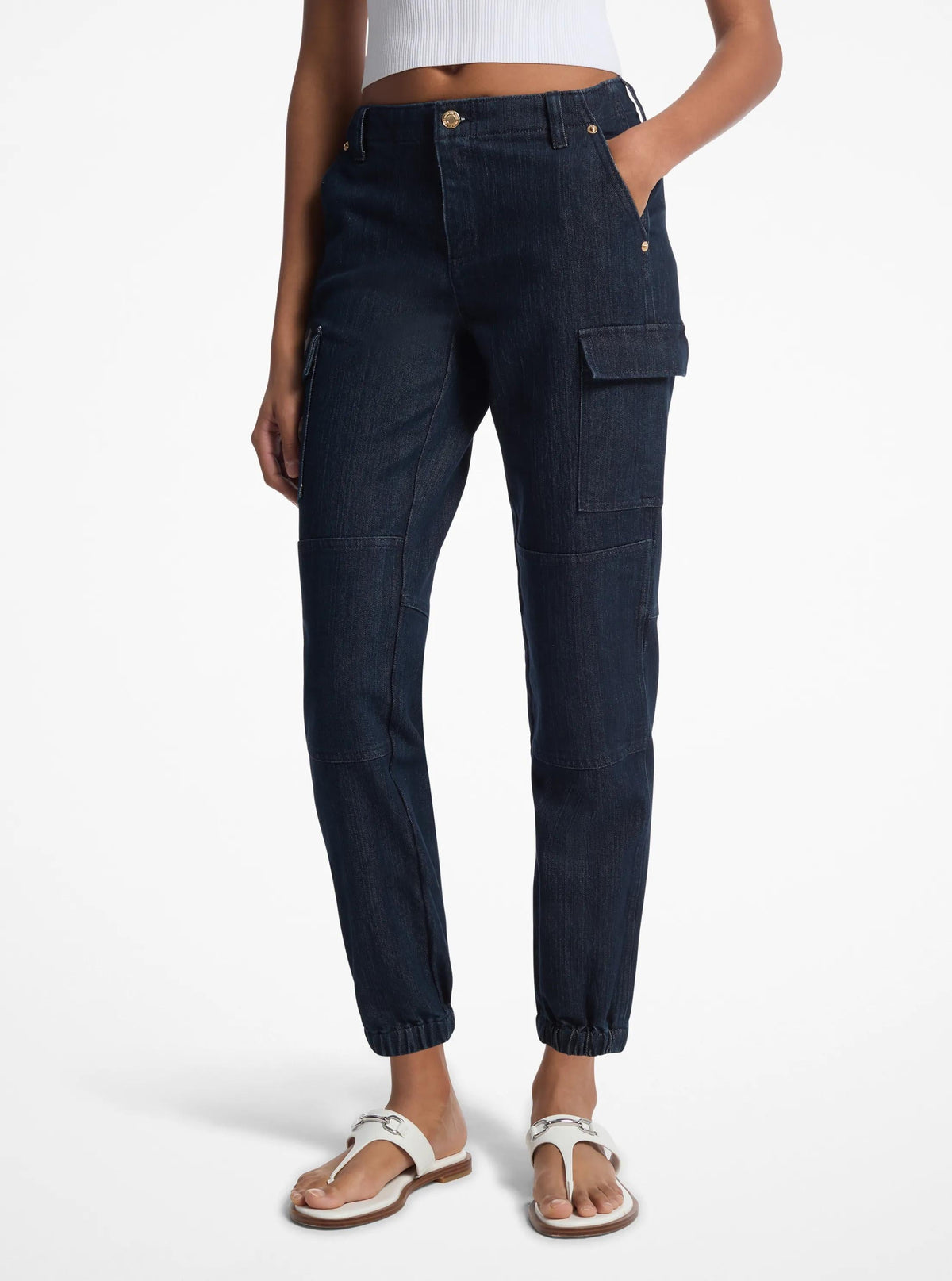 Washed Stretch Denim Cargo Jeans