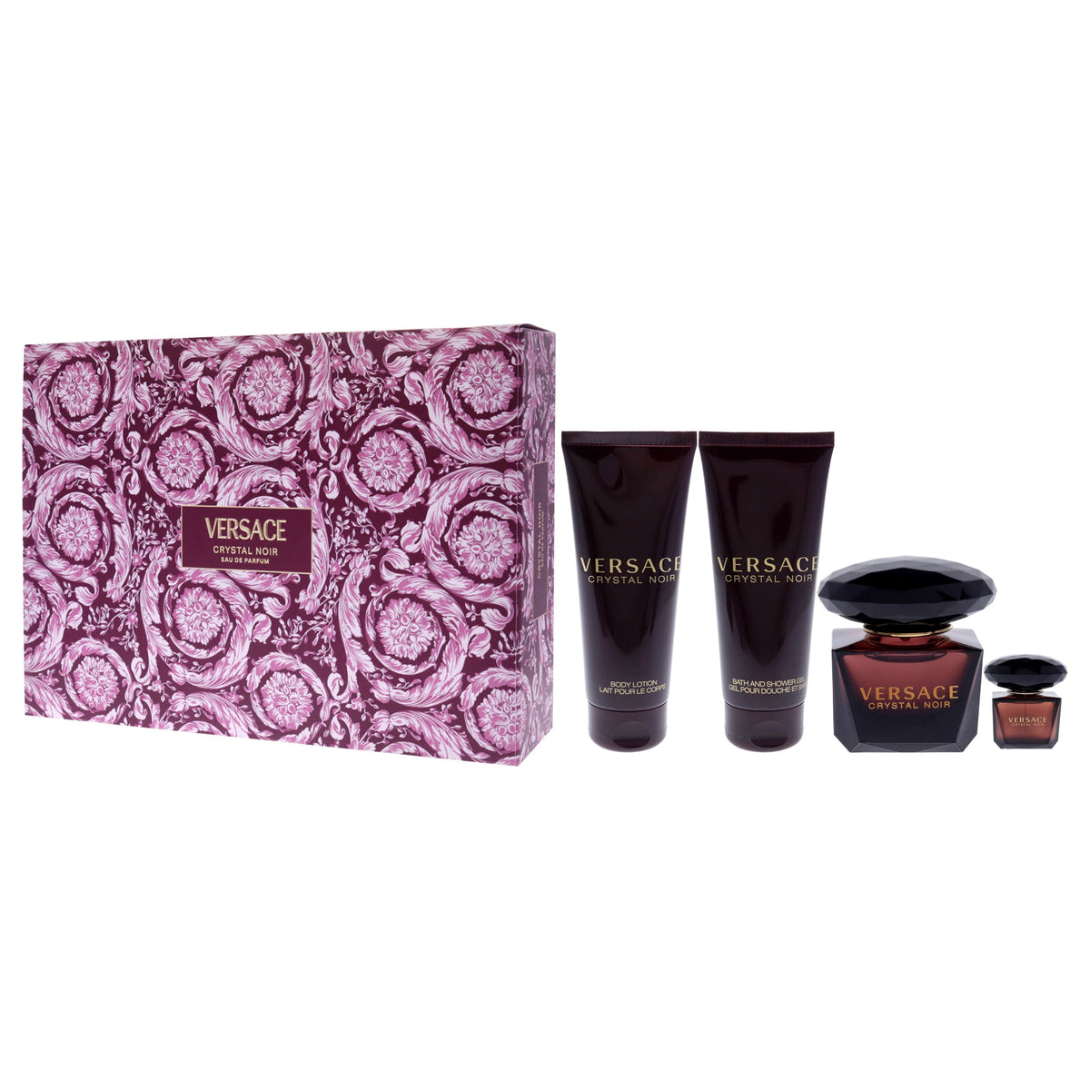 Versace Crystal Noir by Versace for Women - 4 Pc Gift Set 3oz EDP Spray, 0.17oz EDP Spray, 3.4oz Body Lotion, 3.4oz Shower Gel