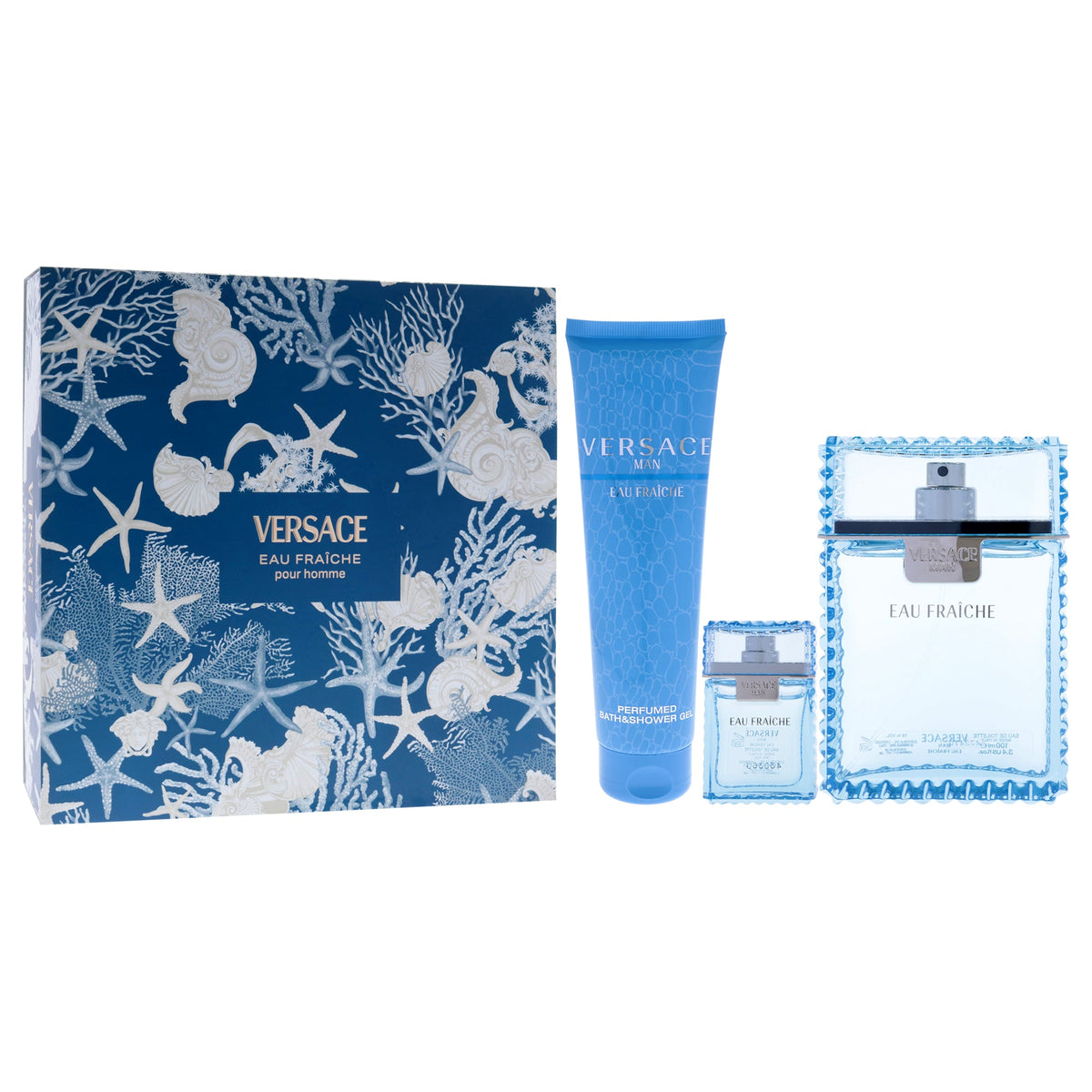 Versace Man Eau Fraiche by Versace for Men - 3 Pc Gift Set 3.4oz EDT Spray, 0.17oz EDT Spray (Mini), 5oz Bath and Shower Gel