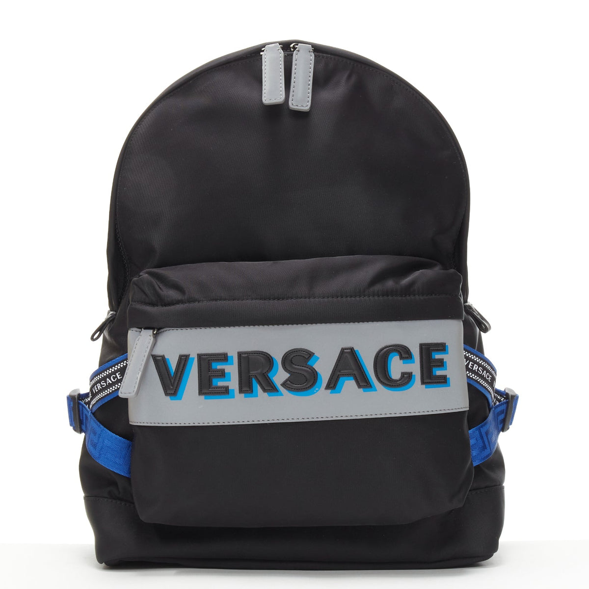 VERSACE Reflective Logo black nylon blue Greca nylon strap backpack